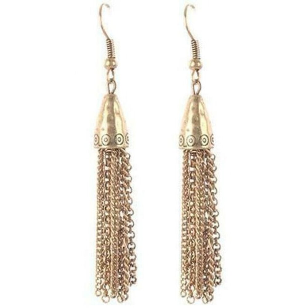 Gold BOHO Fringe Chain Bohemian Gypsy Rockabilly 3" Dangle Tassel Earrings
